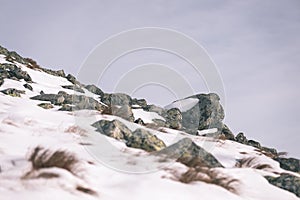 Mountain tops in winter covered in snow - vintage film look