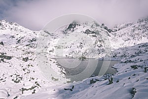 Mountain tops in winter covered in snow - vintage retro look