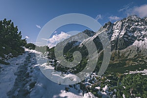 Horské vrcholy v zimě pokryté sněhem - vintage retro vzhled