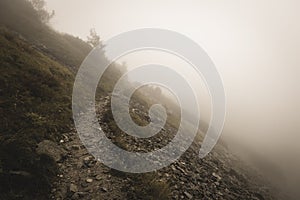 Mountain tourist trail in autumn covered in mist - soft vintage