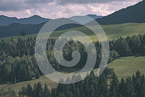 Western carpathian Tatra mountain skyline with green fields and forests in foreground. summer in Slovakian hiking trails - vintage