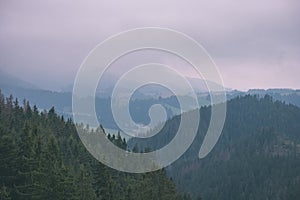 Western carpathian Tatra mountain skyline with green fields and forests in foreground. summer in Slovakian hiking trails - vintage