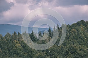 Western carpathian Tatra mountain skyline with green fields and forests in foreground. summer in Slovakian hiking trails - vintage