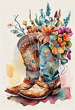 Western Chic: A Colorful Illustration of Cowboy Boots and Flowers with Resin Finish