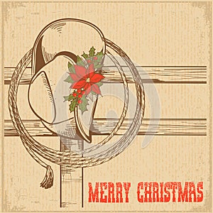 Western Christmas greeting card with traditional cowboy hat