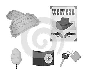 Western cinema, tickets, sweet cotton wool, film on DVD.Filmy and cinema set collection icons in monochrome style vector