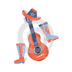 Western country music with cowboy shoes and music guitar. Vector isolated illustration in hand drawn style on white background