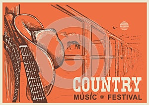 Western country music poster with cowboy hat and music guitar