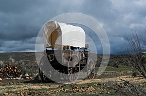 Western covered chuckwagon for cooking food on the trail