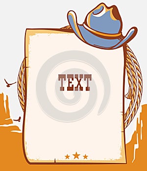 Western cowboy paper background for text. Vector country illustration with cowboy hat and lasso on American desert landscape