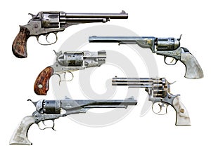 Western cowboy pistol booster pack 2 is a collection of assorted deadly and elegant hand gun firearms on a isolated white