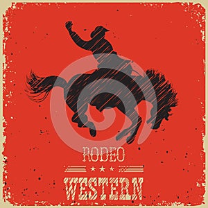 Western Cowboy riding wild horse.Western poster on red paper