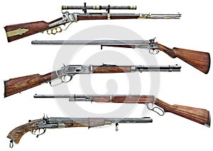 Western cowboy rifle and shotgun booster pack collection of assorted weapons on an isolated white background .