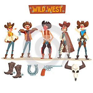 Western cowboys set, Wild West people with equipment and accessories vector Illustration on a white background photo