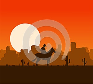 Western desert landscape at sunset with cowboy silhouette vector illustration