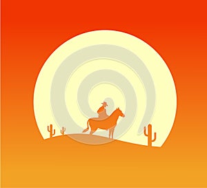 Western desert landscape at sunset with cowboy silhouette vector illustration