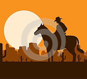 Western desert landscape at sunset with cowboy silhouette vector illustration