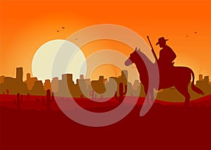 Western desert landscape at sunset with cowboy silhouette vector illustration