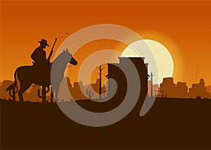 Western desert landscape at sunset with cowboy silhouette vector illustration