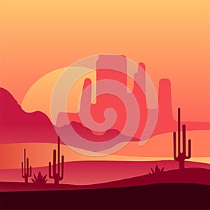 Western desert sunset background. Natural scenery with silhouettes of rocky mountains and cacti. Vector design for