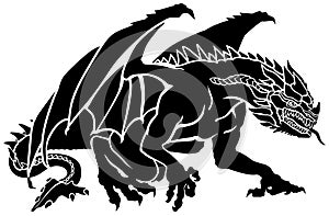 Western Dragon. Classic European mythological creature. Black silhouette