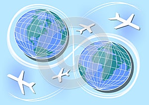 Western and Eastern Hemisphere, air paths and connections in world. Poster design for a travel agency, International Day of Aviati