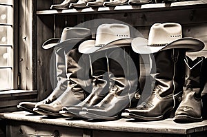 Western Elegance: Cowboy Hats Arrayed on a Wooden Shelf, Aged Leather Boots Nestled Below in a Rustic Barn Interior