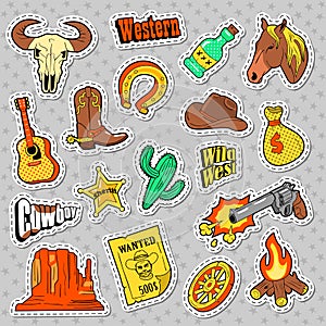 Western Elements Doodle. Wild West Stickers, Badges and Patches with Horse, Gun and Sheriff