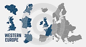 Western Europe map. United Kingdom, France, Poland, Ireland, Denmark, Belgium, Netherlands maps with regions.