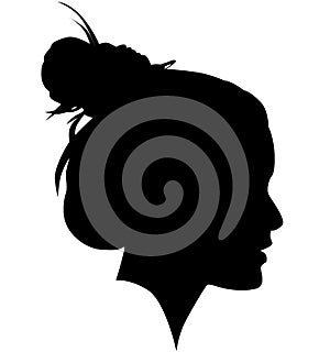 Western European white woman, girl from the side profile picture with a topknot, updo Bun hairstyle on the back of a head. Isola