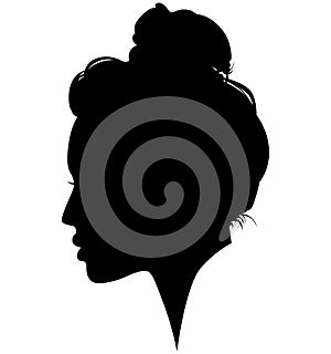 Western European white woman, girl from the side profile picture with a topknot, updo Bun hairstyle on the back of a head. Isola