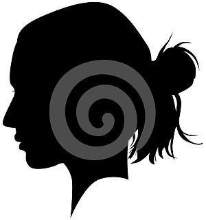 Western European white woman, girl from the side profile picture with a topknot, updo Bun hairstyle on the back of a head. Isola