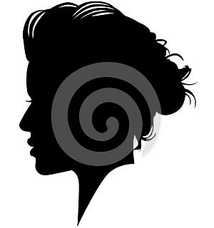 Western European white woman, girl from the side profile picture with a topknot, updo Bun hairstyle on the back of a head. Isola