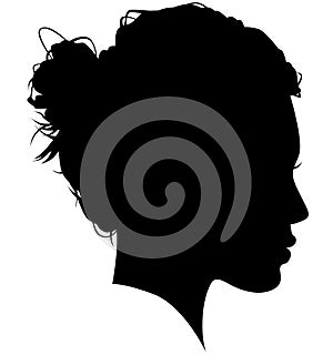 Western European white woman, girl from the side profile picture with a topknot, updo Bun hairstyle on the back of a head. Isola