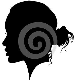 Western European white woman, girl from the side profile picture with a topknot, updo Bun hairstyle on the back of a head. Isola photo
