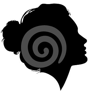 Western European white woman, girl from the side profile picture with a topknot, updo Bun hairstyle on the back of a head. Isola