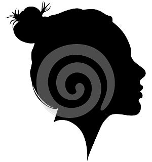 Western European white woman, girl from the side profile picture with a topknot, updo Bun hairstyle on the back of a head. Isola