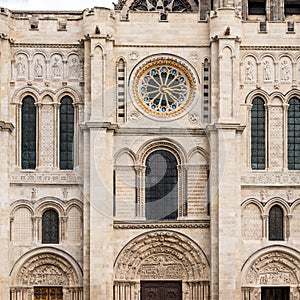 Western facade of the Basilica of Saint Denis. Paris, France