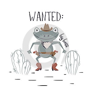 Western frog duel cute print. Wild west animal with hat, boot, gun.