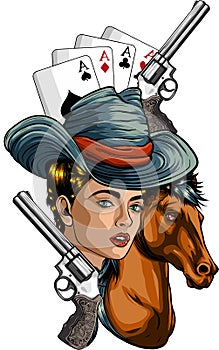 western girl with revolver and head horse