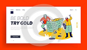 Western Golden Rush, Retro Movie Scene Landing Page Template. Prospector Character Looking on Golden Prill