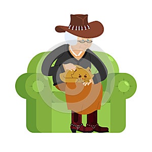 western Grandmother cowboy and cat sitting on chair. Texan granny cat lady. grandma in Texas and pet. old woman in Hat and animal