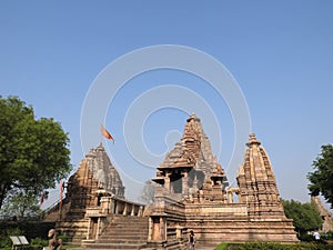 The Western group of Khajuraho temples, on a clear day, Madhya Pradesh India is a UNESCO world heritage site, known for Kama Sutra