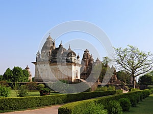 The Western group of Khajuraho temples, on a clear day, Madhya Pradesh India is a UNESCO world heritage site, known for Kama Sutra