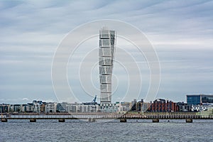 Western Harbour Malmo, Sweden. View from Ribersborgs beach boardwalk. Blue sky and patchy clouds in the background