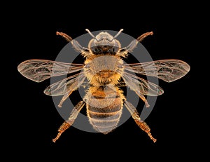 Western honey bee or European honey bee Apis mellifera entomology specimen with spreaded wings, legs and antennae isolated on pu