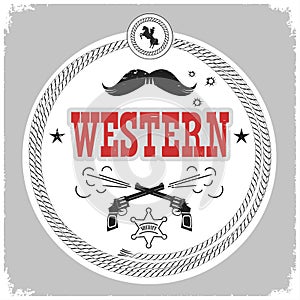 Western label with cowboy decotarion isolated on white. photo