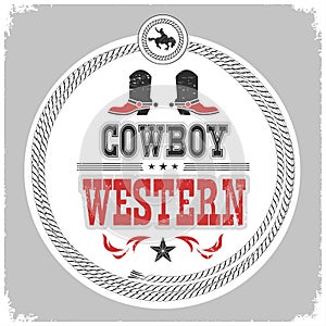 Western label with cowboy shoes and wild west decotarion photo