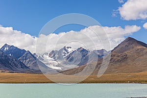 Western Mongolia mountainous landscape. View at Tsaagan Gol River, White River. Altai Tavan Bogd National Park, Bayan-Ulgii