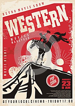 Western movies poster template with cowboy riding the horse